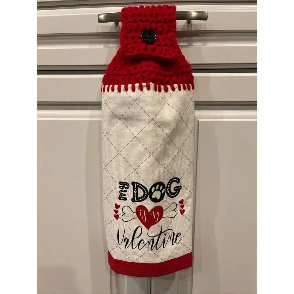 Crochet Top Kitchen Towel- My Dog is my Valentine  1 with white button-1 with bl